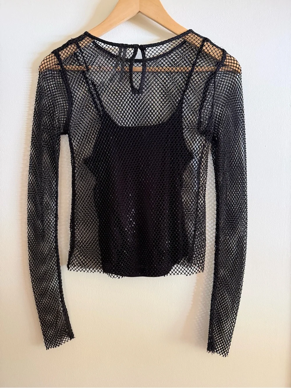 Anthropologie Black Beaded Mesh Top Long Sleeve Rhinestones Festival Y2K XXS
